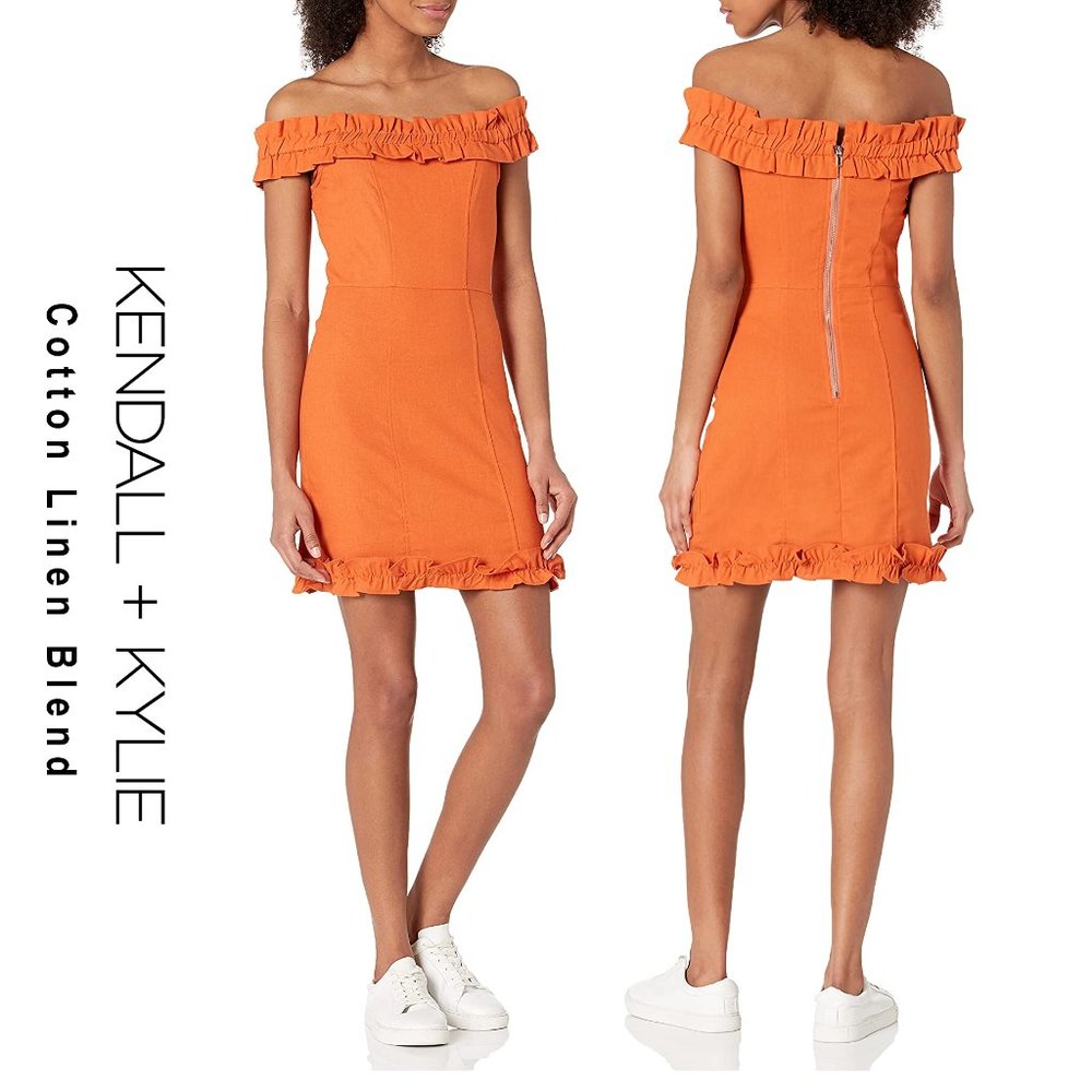 NEW KENDALL + KYLIE Linen Blend Off The Shoulder Ruffle Tangerine Dress, Sz 4-6